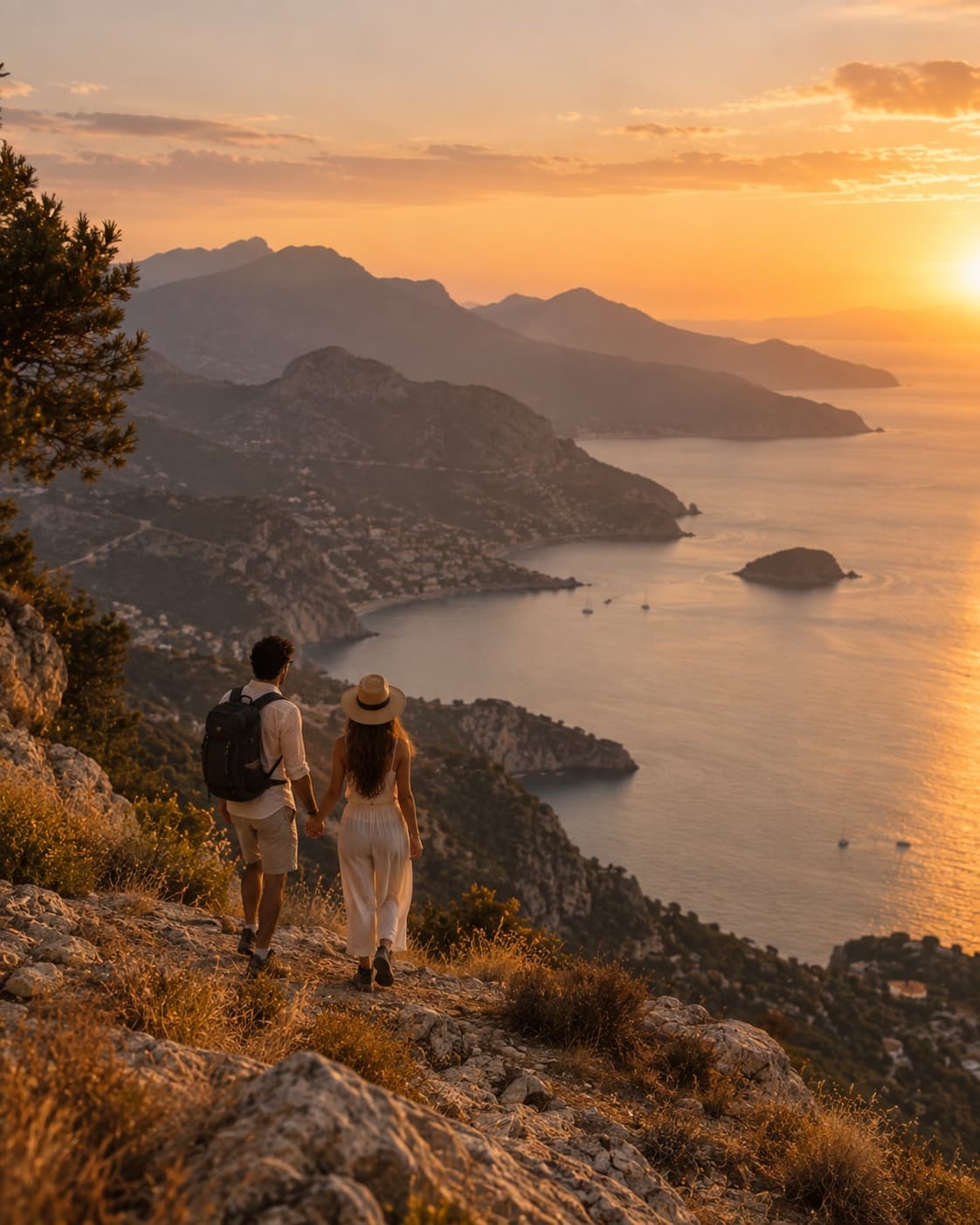 A couple descending a cliffside coastal path at sunset, a harbour and islands visible far below.