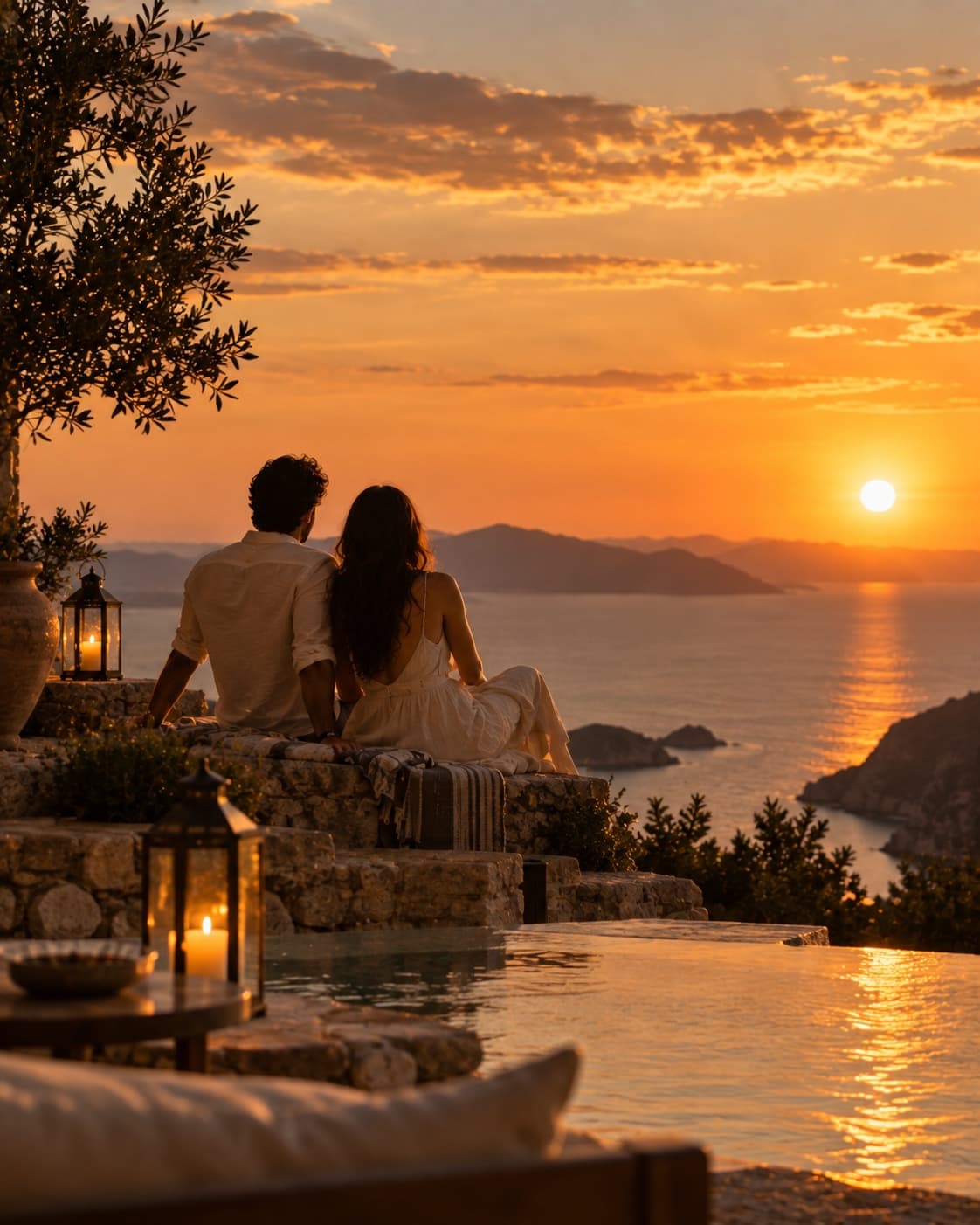 A couple sitting together at the edge of an infinity pool, watching the sun set over distant hills.