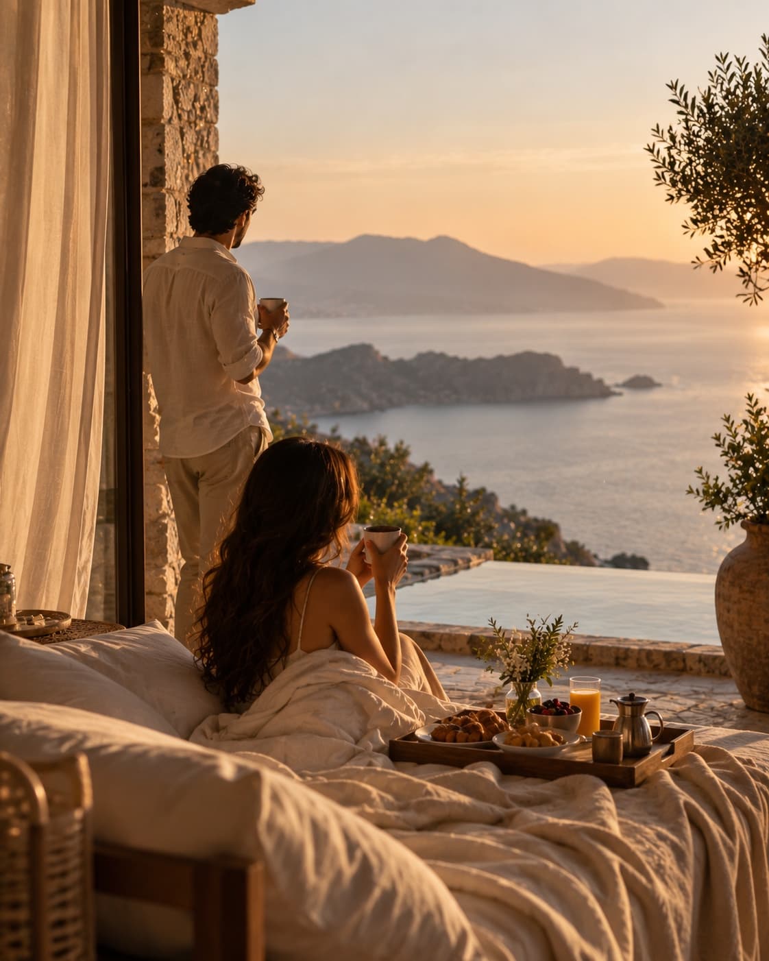 A couple sharing an unhurried breakfast on a terrace daybed at sunrise, an infinity pool and sea beyond.