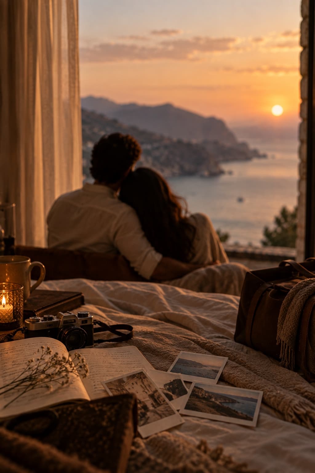 A couple embracing at sunset beside a windowsill of travel keepsakes — a journal, a camera, and polaroids.